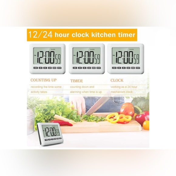12/24 Hour Magnetic Kitchen Timer Digital Clock with Alarm, Large Screen Alarm a - Picture 6 of 7